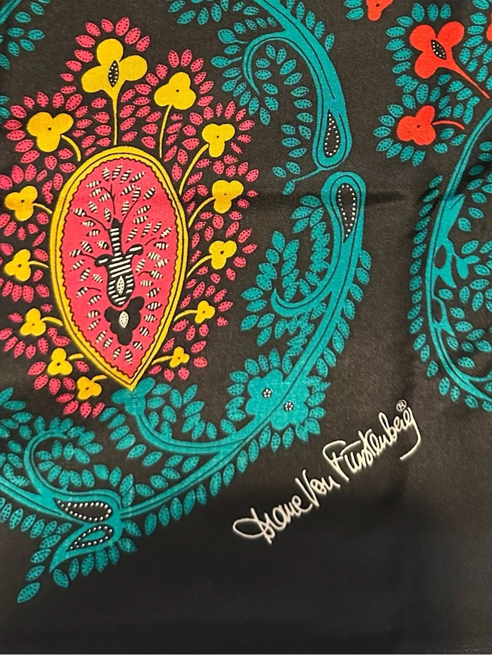 Vintage Diane Von Furstenberg Black Scarf with Teal, Pink & Yellow Paisley Plaid